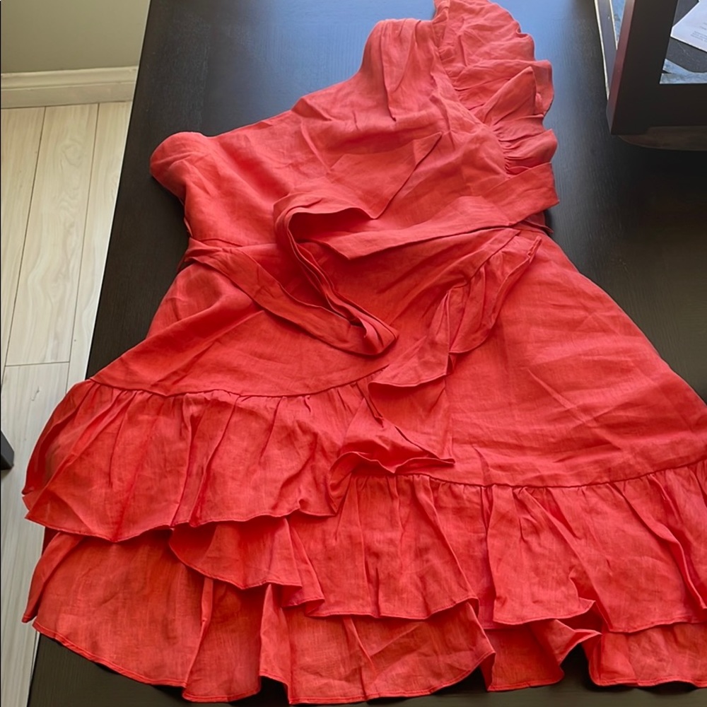 Orange linen one shoulder mini-dress w/ruffles